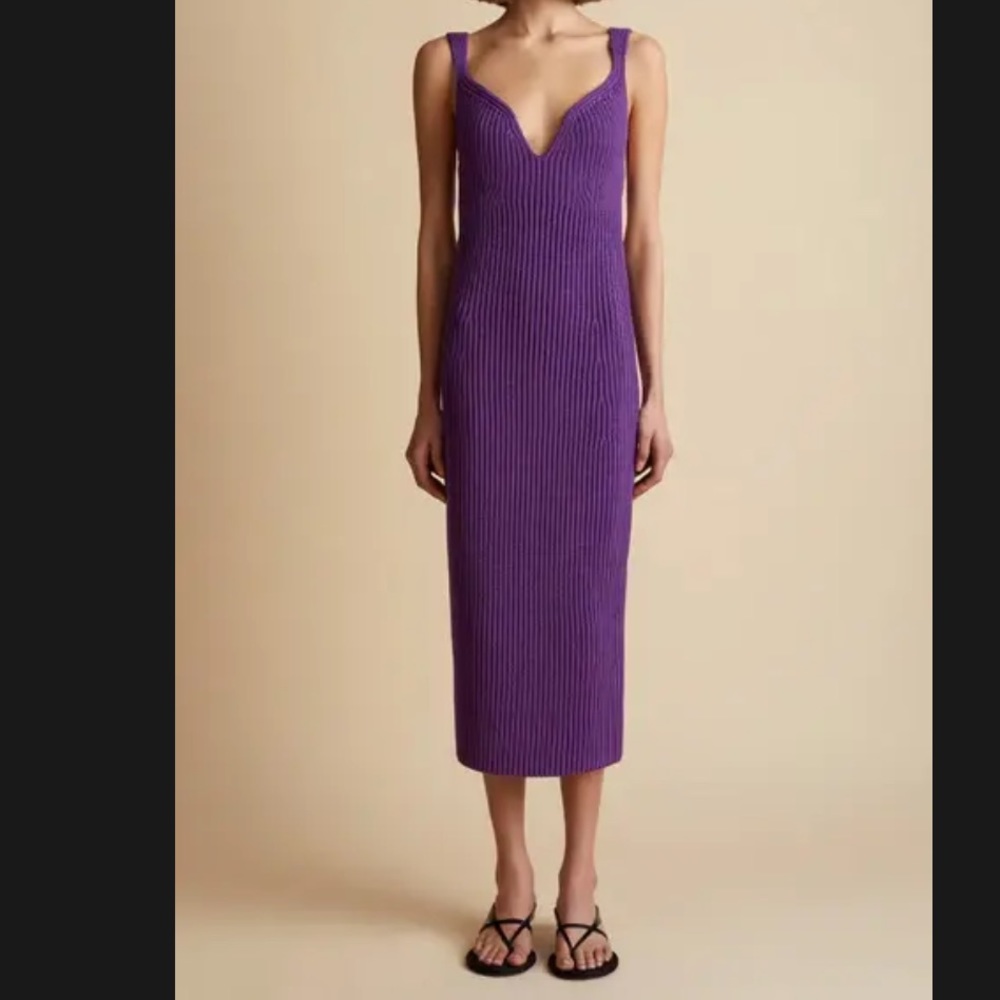 KHAITE New Alessia Plunge Neck Rib Sweater Dress - Picture 4 of 12
